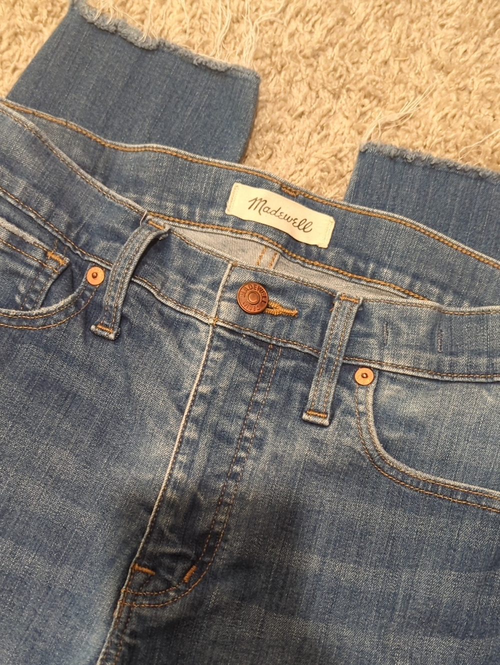 Madewell Medium Blue Mid-Rise Cropped Jeans with Frayed Hem